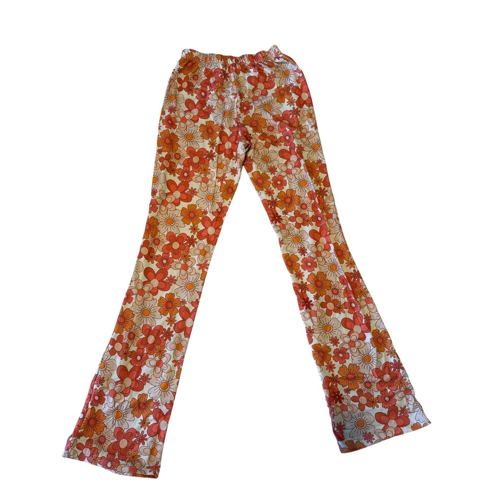 Floral Print Pants Women's Retro Orange Flare Leg Elastic Waist Trousers